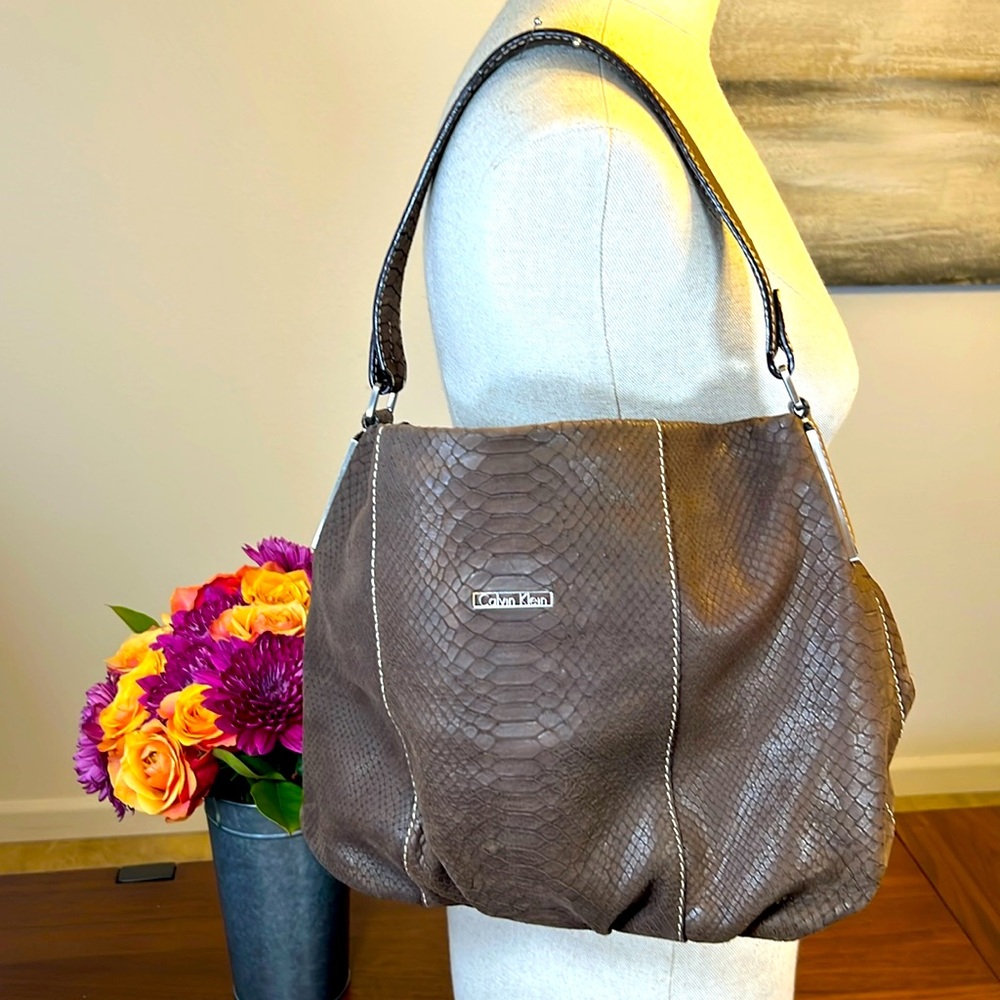 Calvin Klein Brown Leather Should Bag With Metallic Gold Interior